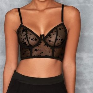 Black Sheer Mesh Longline Bra stars xs